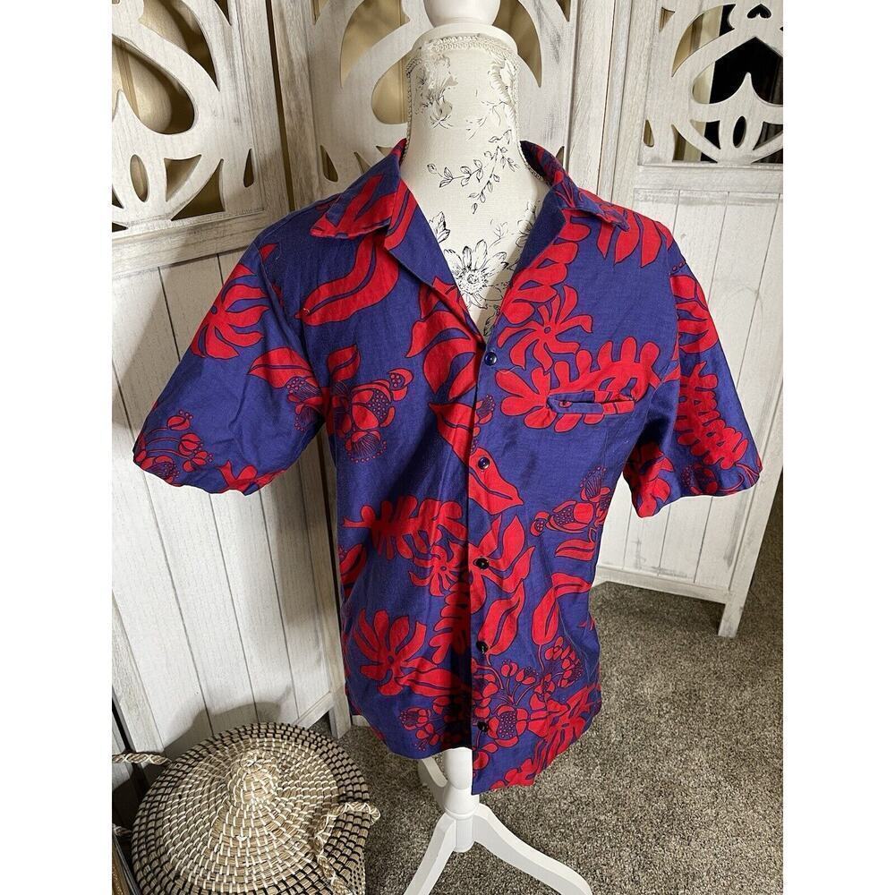 Vintage Hilo Hattie Hawaiian Shirt Blue Red Floral Hawaii Tropical Aloha Small